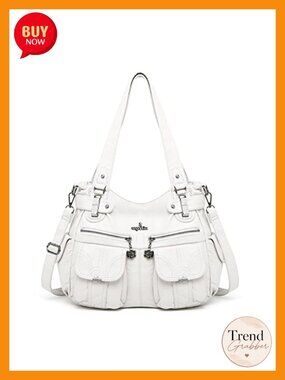 Large Washed Leather Shoulder Bag Double Zipper Multi Pocket Purse